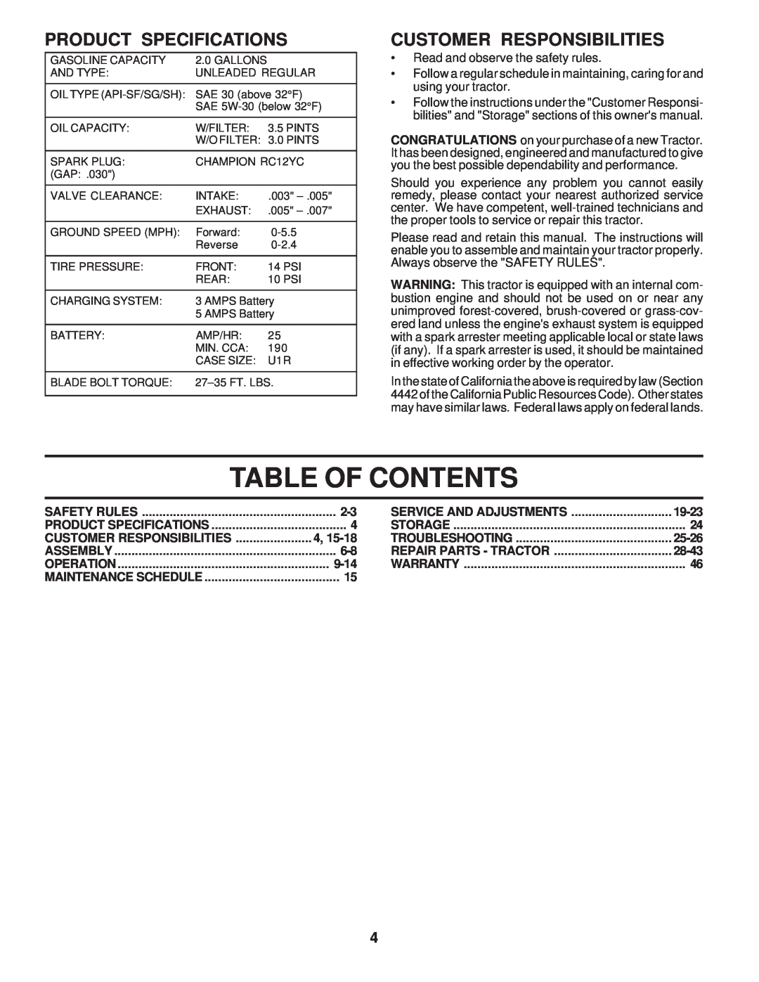 Poulan PPR17H42STC, 173284 owner manual Table Of Contents, Product Specifications, Customer Responsibilities 