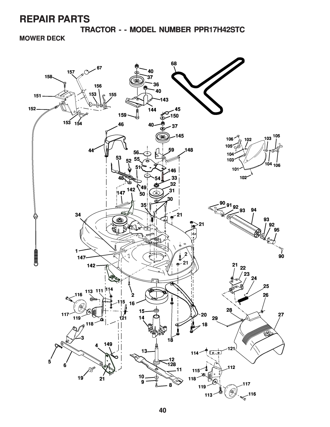 Poulan 173284 owner manual Mower Deck, Repair Parts, TRACTOR - - MODEL NUMBER PPR17H42STC 