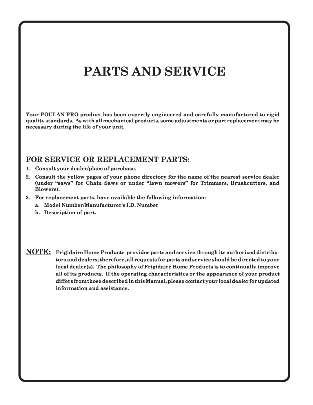 Poulan PPR17H42STC, 173284 owner manual Parts And Service, For Service Or Replacement Parts 