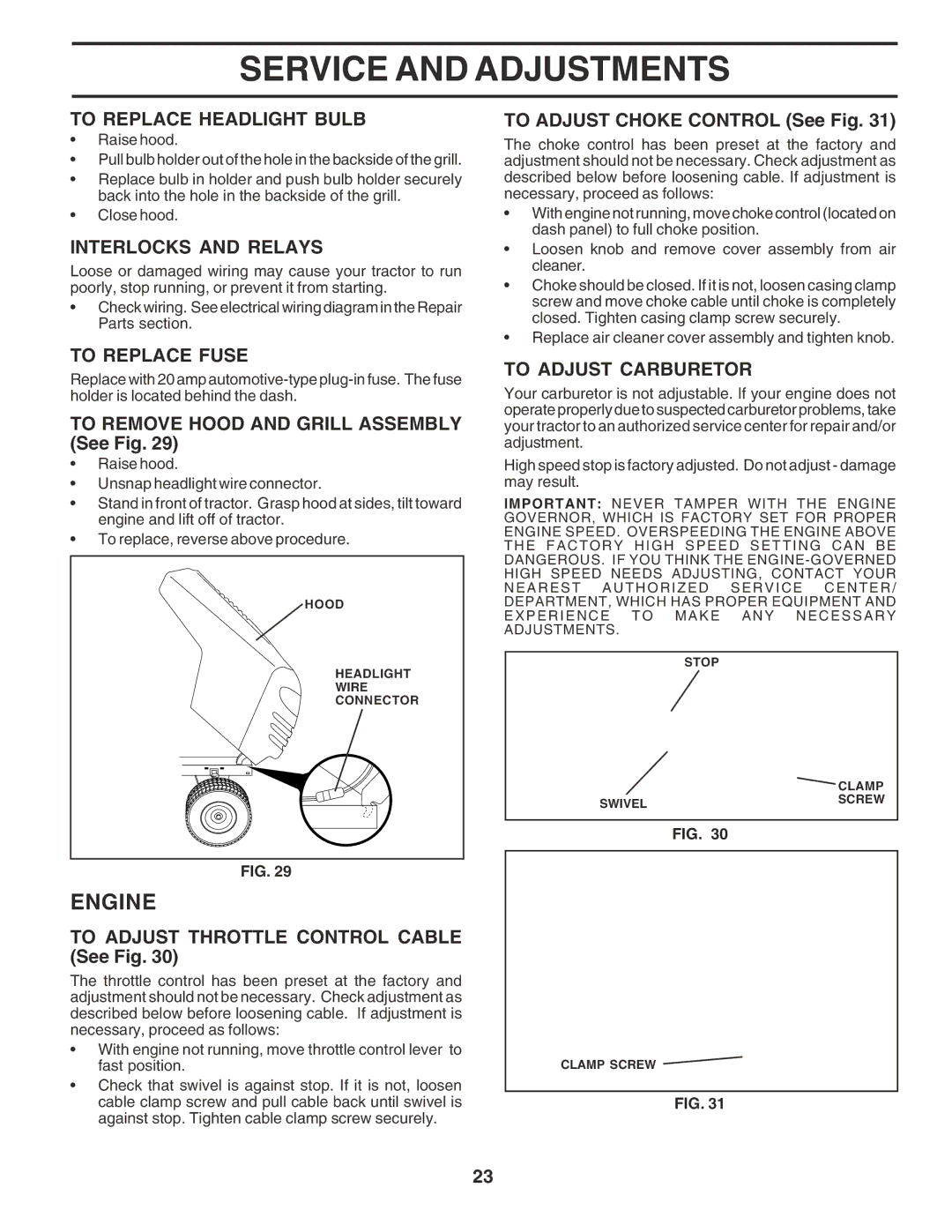 Poulan PPR2042STA owner manual To Replace Headlight Bulb, Interlocks and Relays, To Replace Fuse, To Adjust Carburetor 