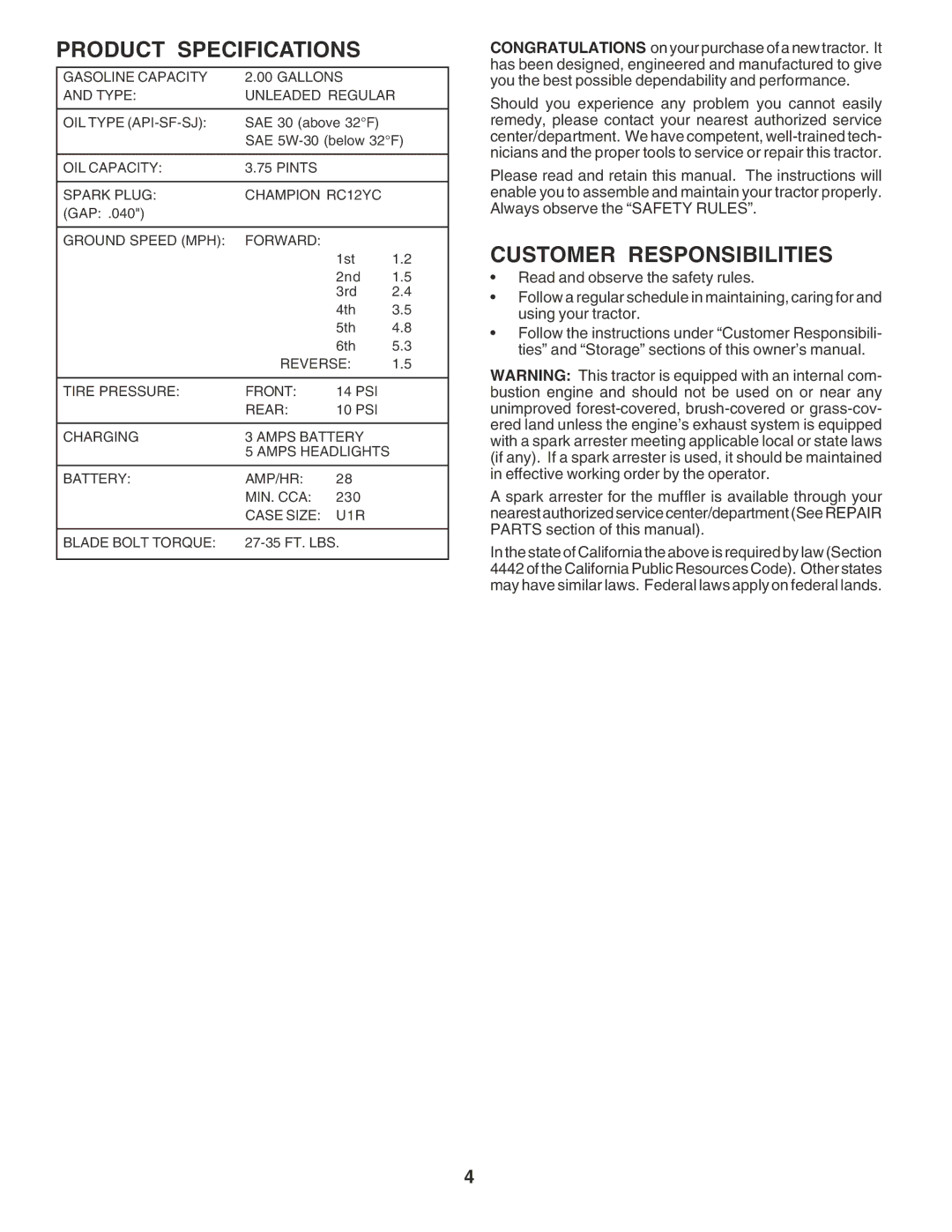 Poulan PPR2042STA owner manual Product Specifications, Customer Responsibilities 