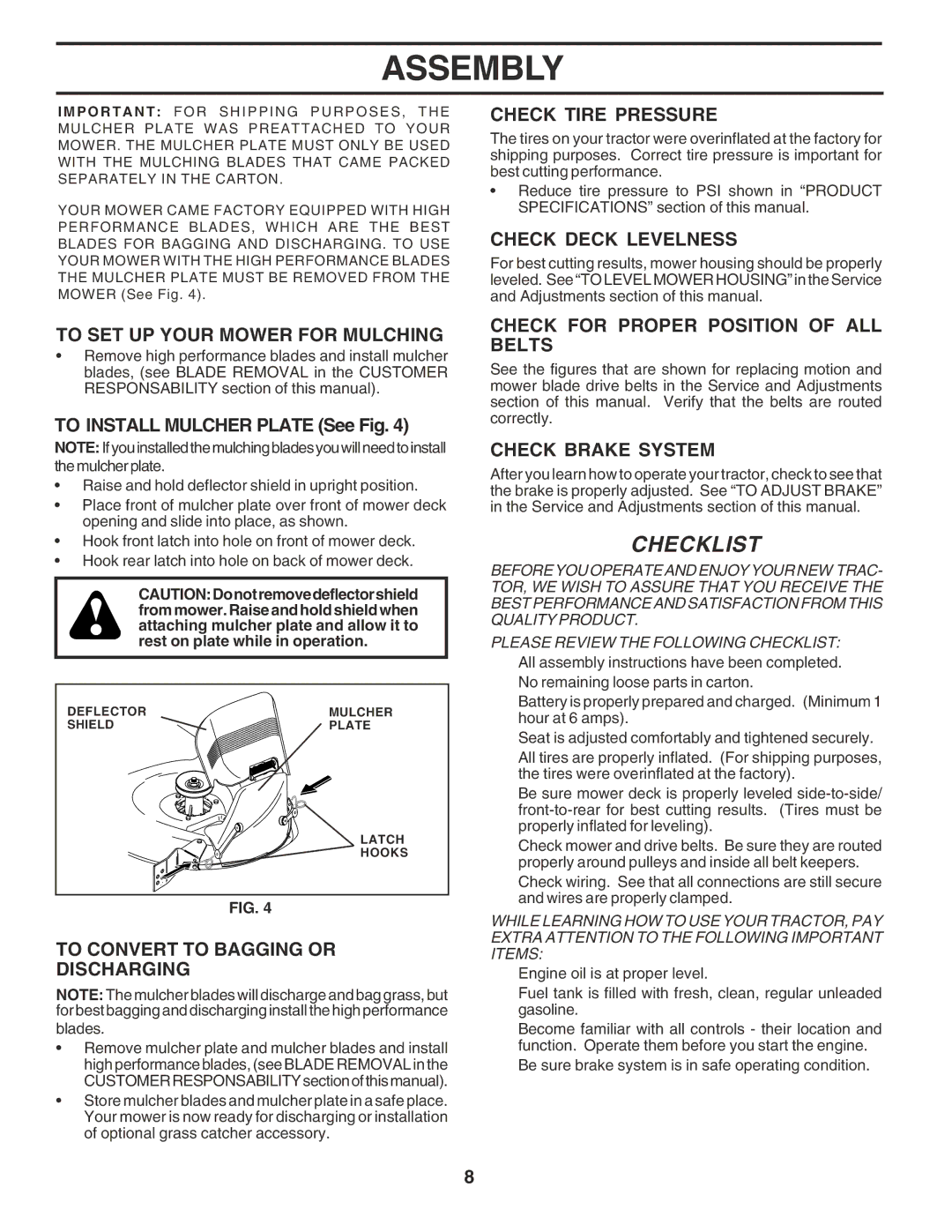 Poulan PPR2042STA owner manual To SET UP Your Mower for Mulching, To Convert to Bagging or Discharging, Check Tire Pressure 