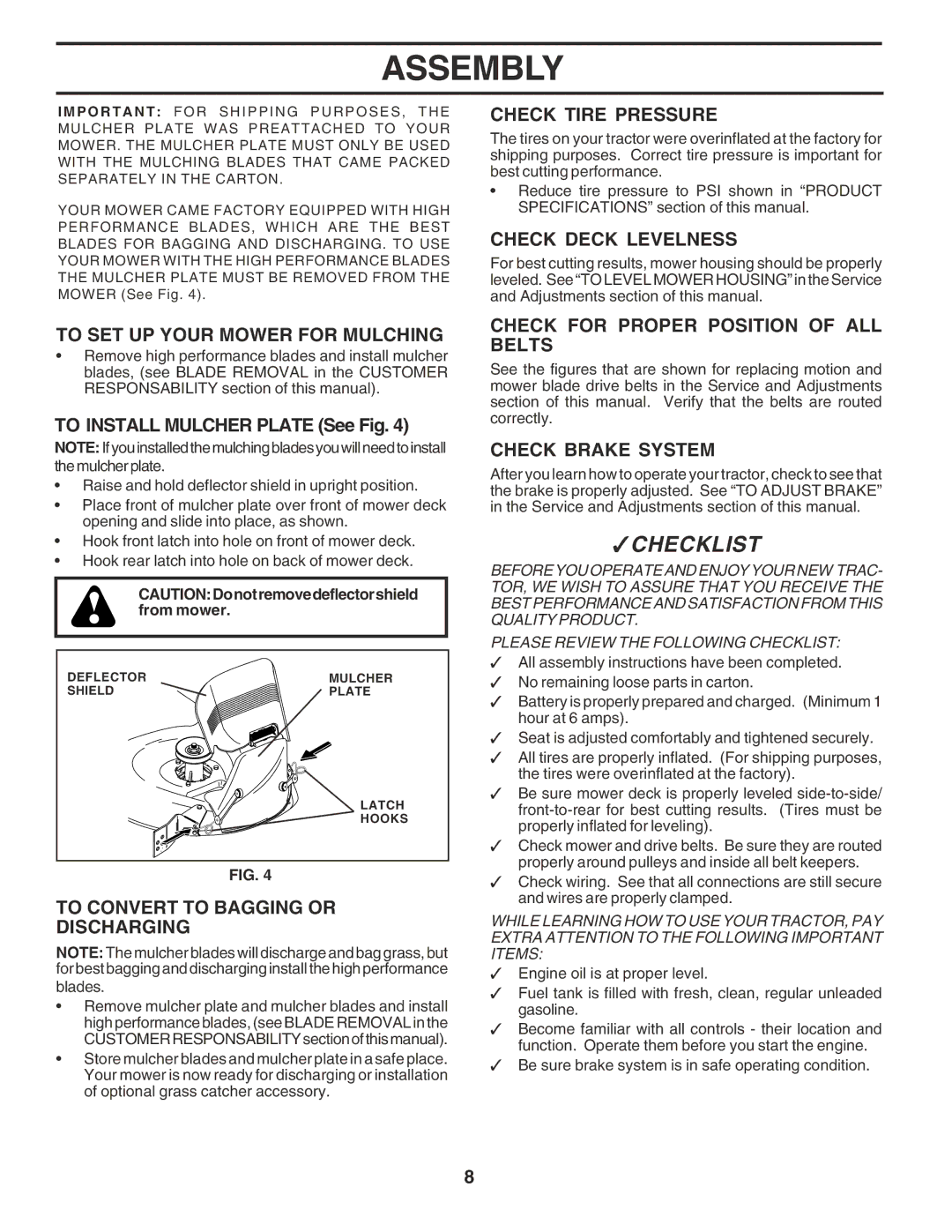 Poulan PPR2042STB owner manual To SET UP Your Mower for Mulching, To Convert to Bagging or Discharging, Check Tire Pressure 