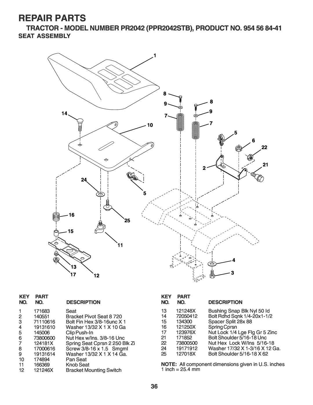 Poulan Seat Assembly, Repair Parts, TRACTOR - MODEL NUMBER PR2042 PPR2042STB, PRODUCT NO, Key Part No. No. Description 