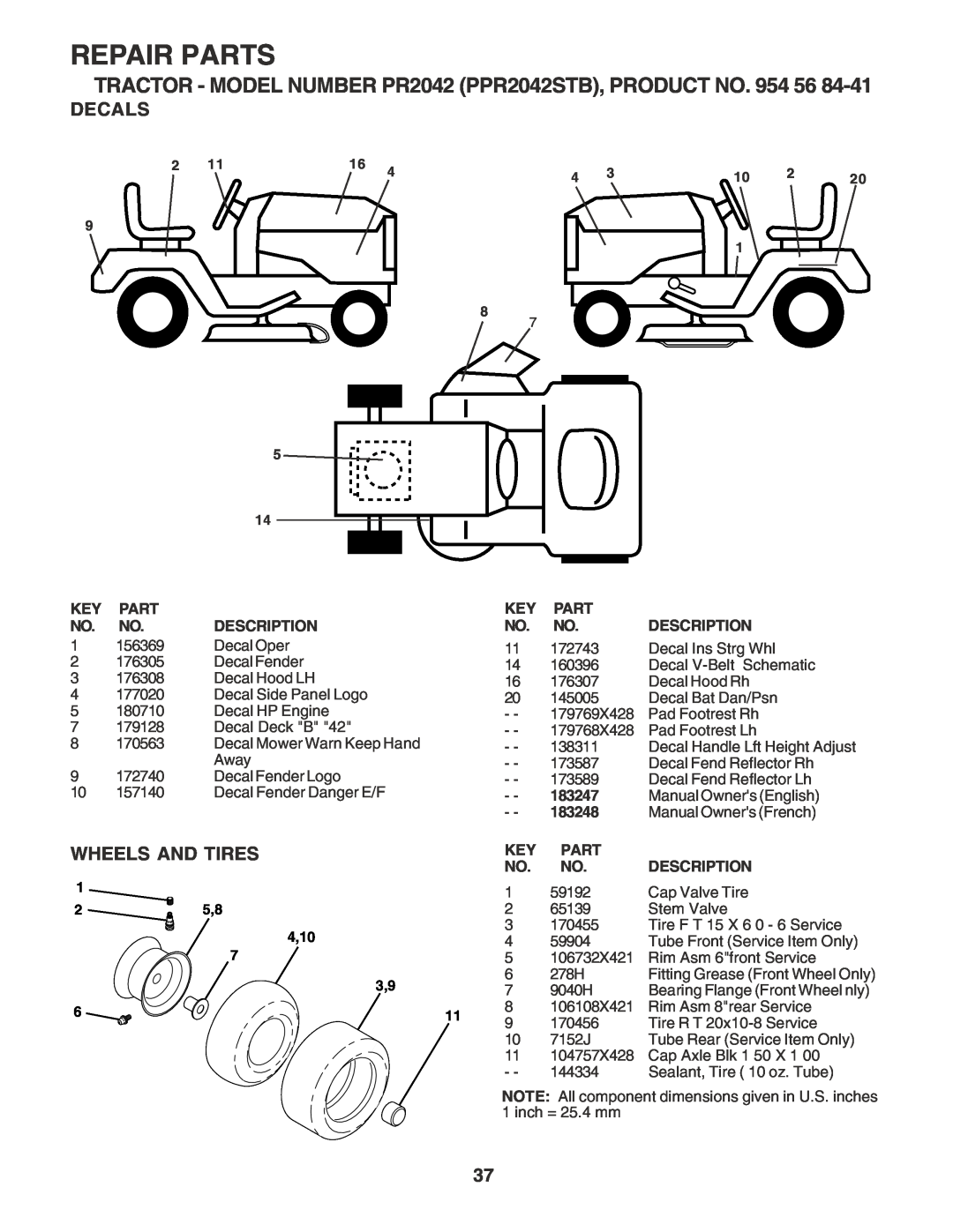 Poulan Decals, Wheels And Tires, Repair Parts, TRACTOR - MODEL NUMBER PR2042 PPR2042STB, PRODUCT NO, Description 