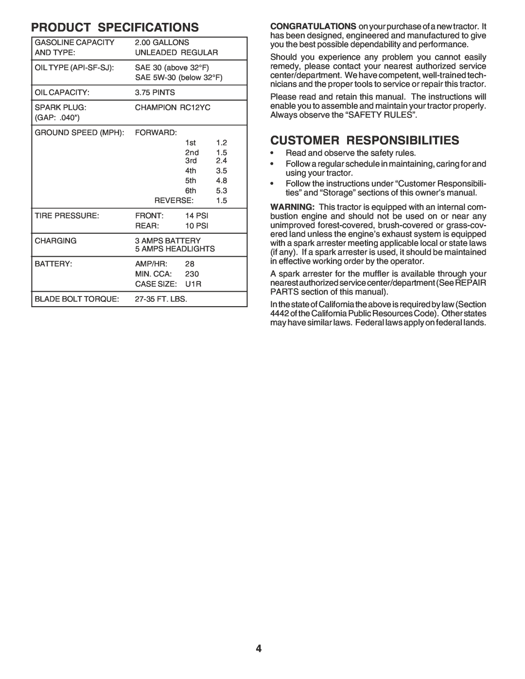Poulan PPR2042STB owner manual Product Specifications, Customer Responsibilities 