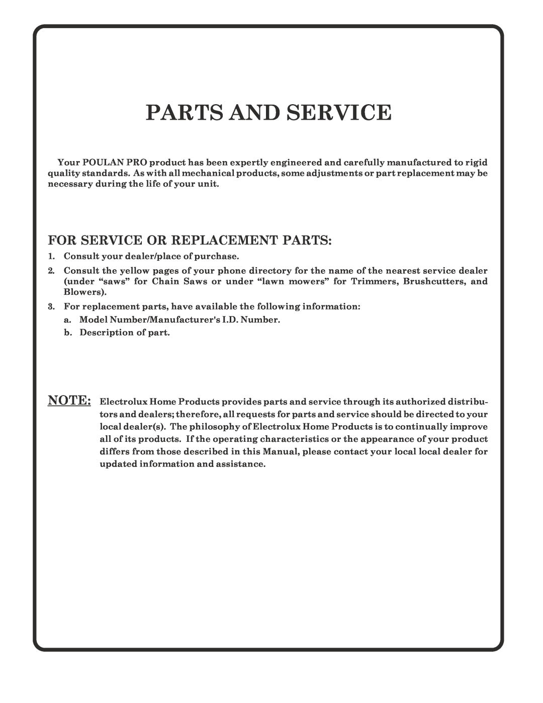 Poulan PPR2042STB owner manual Parts And Service, For Service Or Replacement Parts 