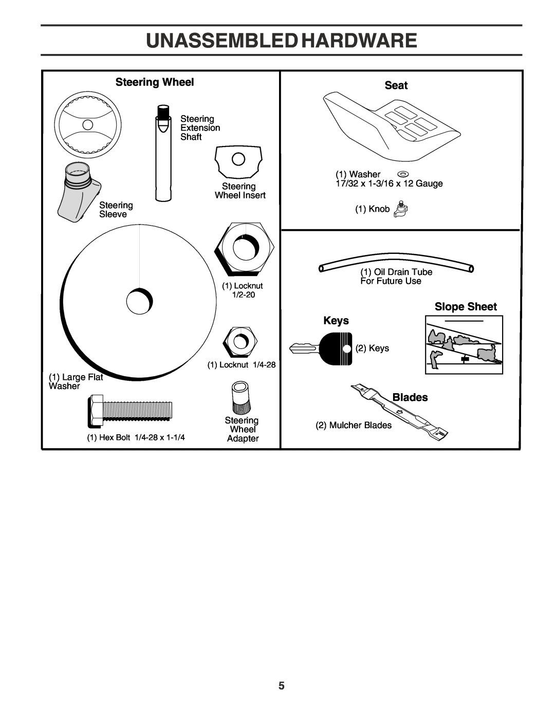 Poulan PPR2042STB owner manual Unassembled Hardware, Steering Wheel, Seat, Slope Sheet Keys, Blades 