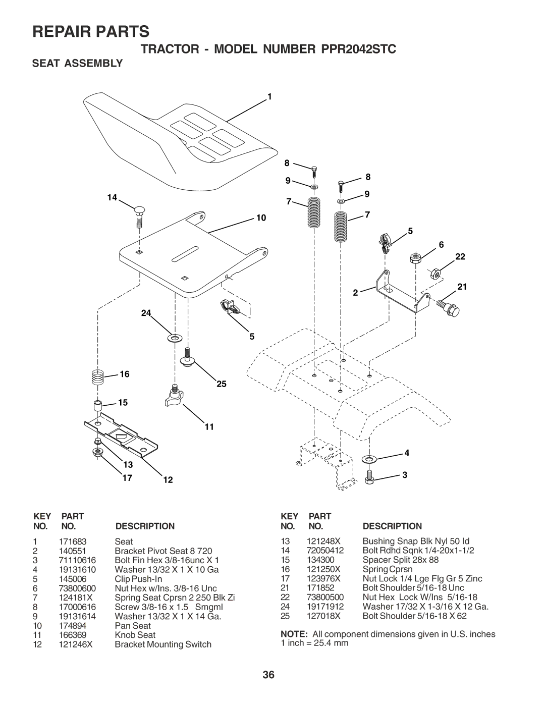 Poulan PPR2042STC owner manual Seat Assembly, KEY Part NO. NO. Description 