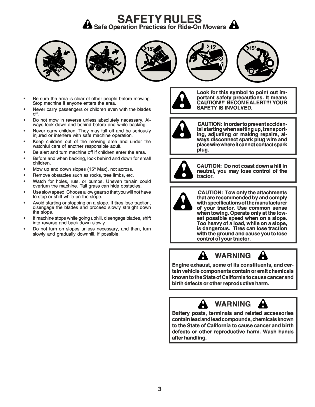 Poulan PPR20H42STA owner manual Safety Rules, Safe Operation Practices for Ride-OnMowers 