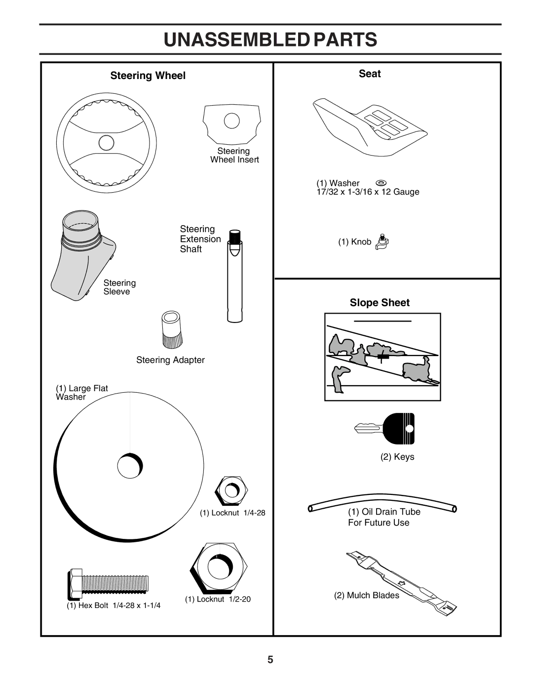 Poulan PPR20H42STB owner manual Unassembled Parts, Steering Wheel Seat, Slope Sheet 