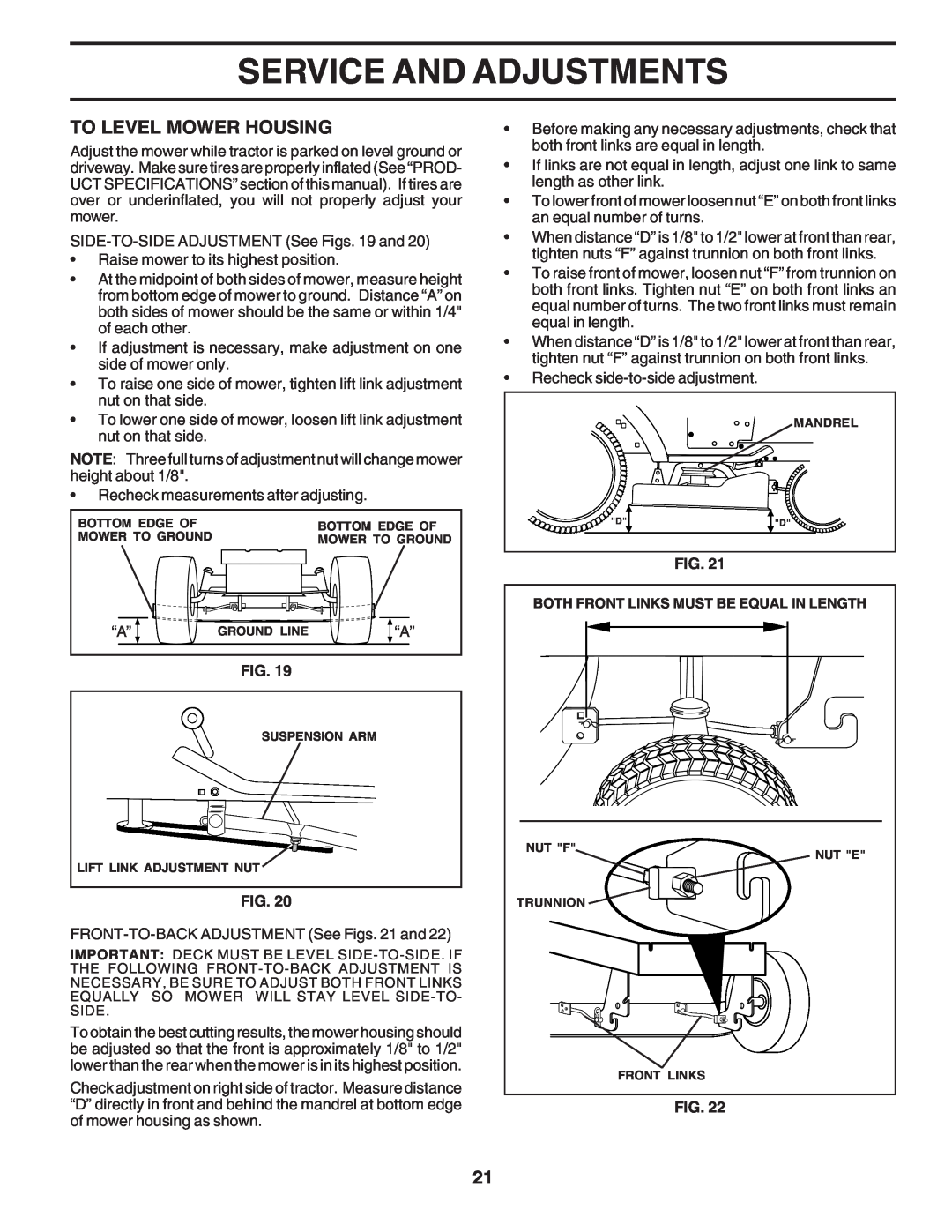 Poulan PPR20H42STB owner manual To Level Mower Housing, Service And Adjustments, Both Front Links Must Be Equal In Length 