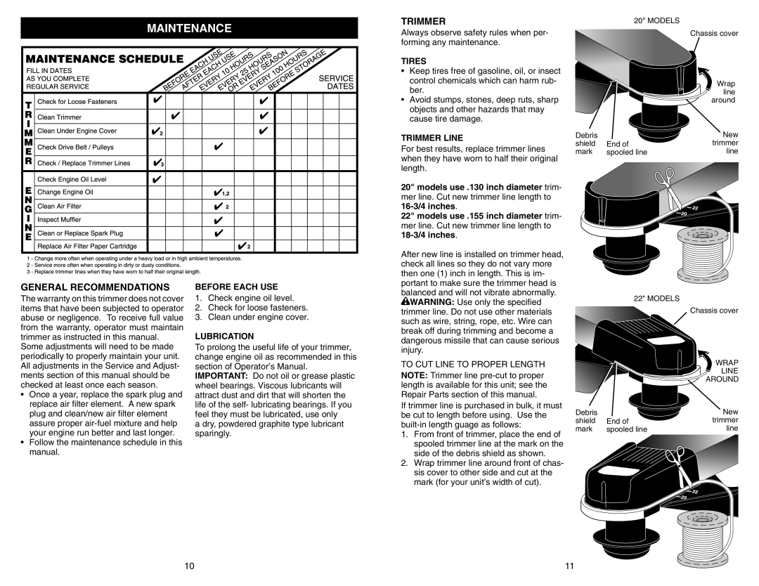 Poulan PPWT60022 manual Maintenance, General Recommendations, Tires, Trimmer Line, Before Each USE 