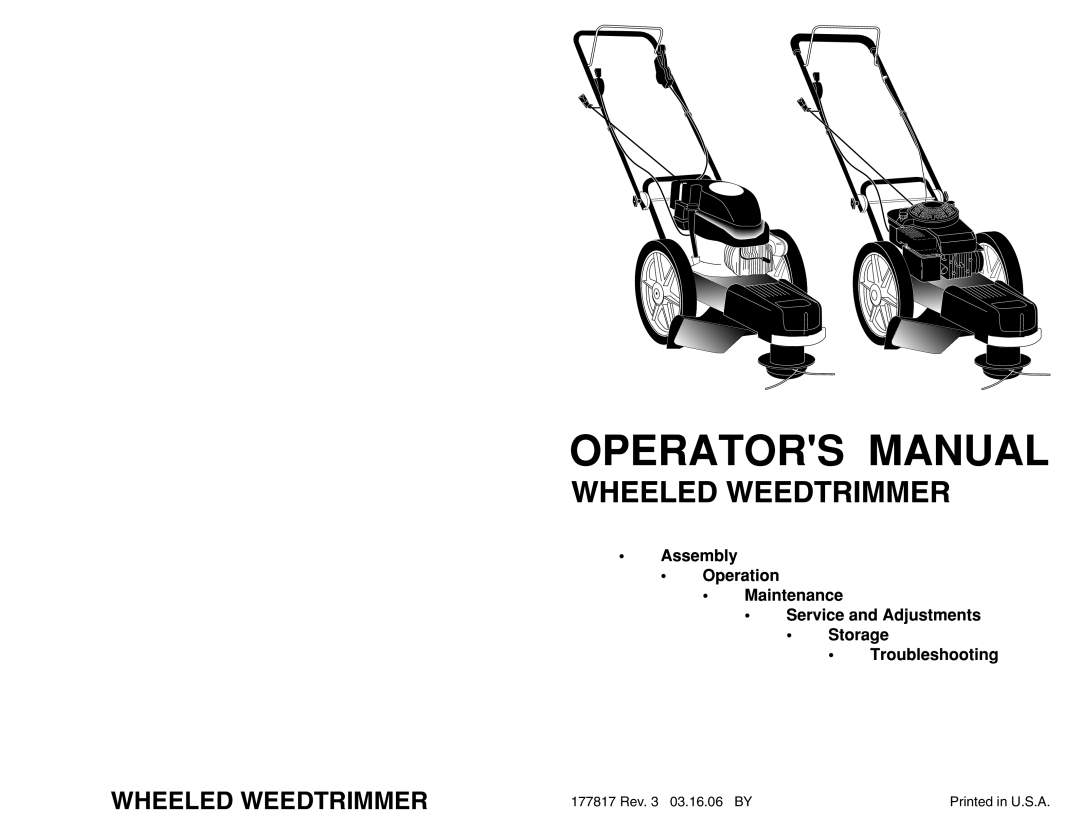 Poulan PPWT60022 manual Wheeled Weedtrimmer, 177817 Rev. 3 03.16.06 BY, Printed in U.S.A 
