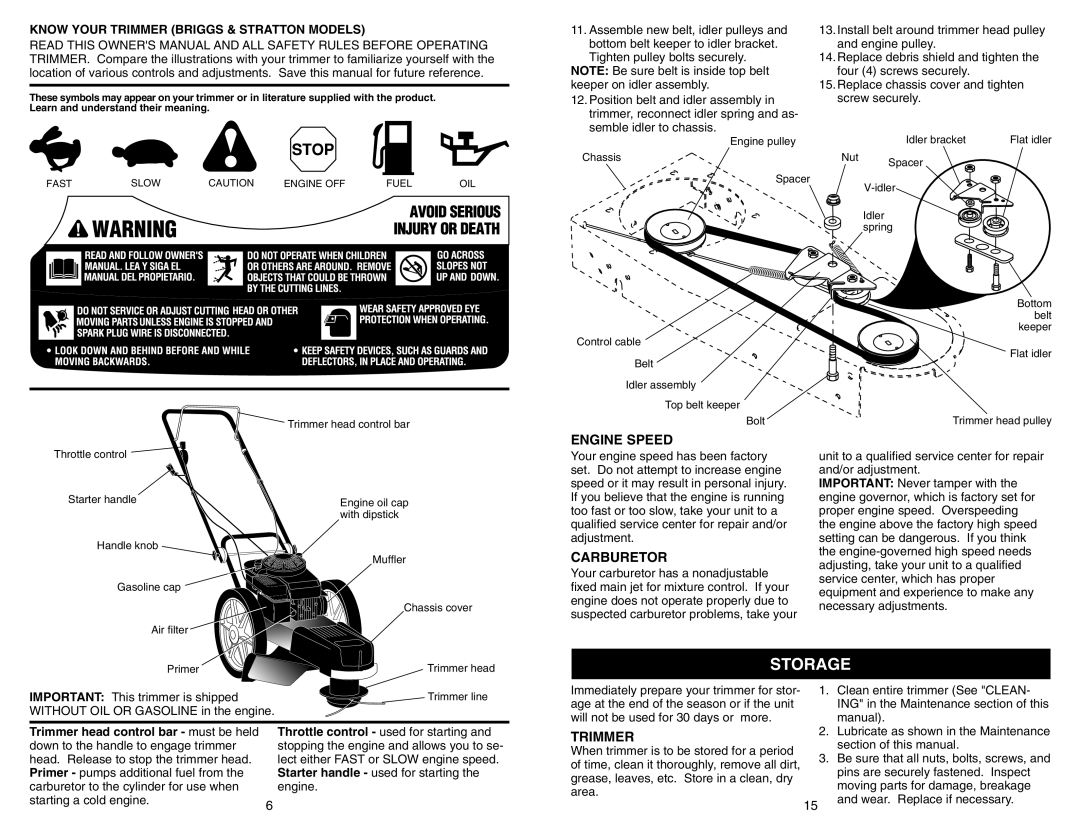 Poulan PPWT60022 manual Storage, Engine Speed, Carburetor, Know Your Trimmer Briggs & Stratton Models 