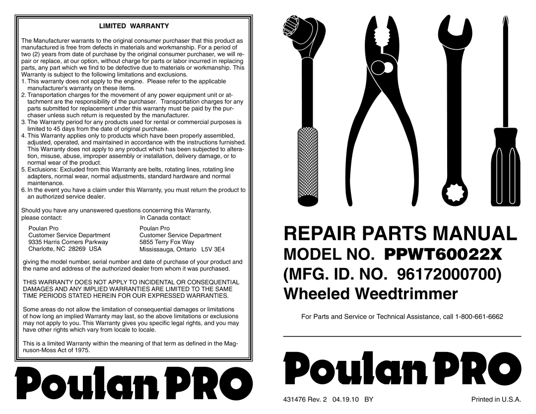 Poulan warranty Repair Parts Manual, MODEL NO. PPWT60022X MFG. ID. NO. 96172000700 Wheeled Weedtrimmer 