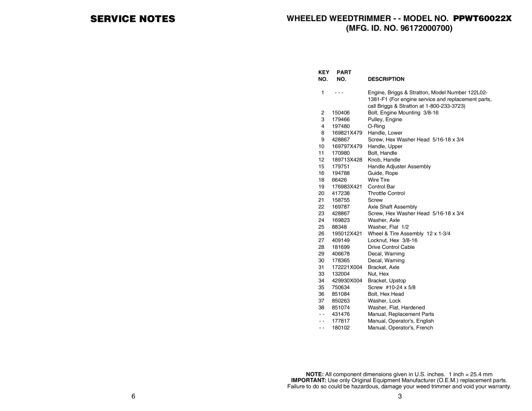 Poulan warranty Service Notes, WHEELED WEEDTRIMMER - - MODEL NO. PPWT60022X MFG. ID. NO, Part, Description 