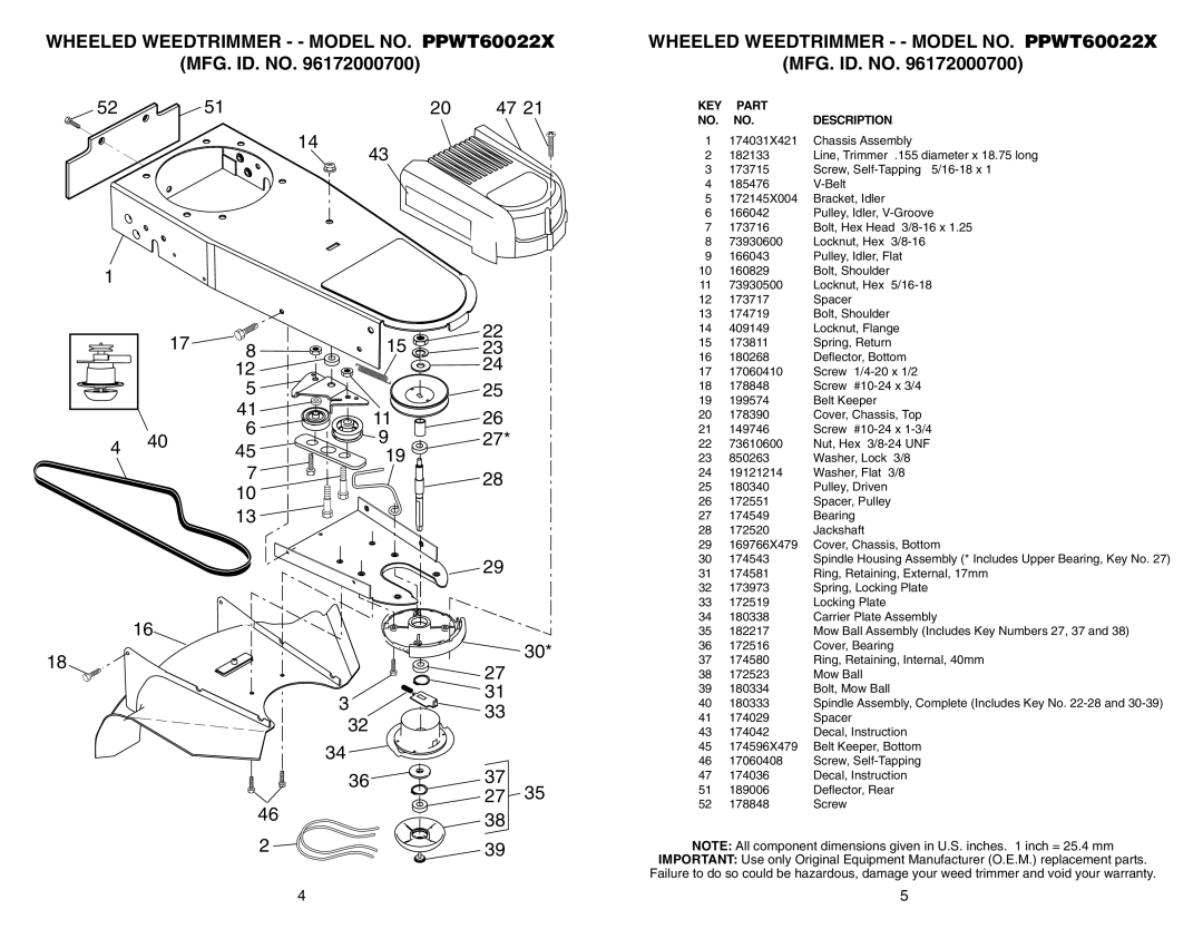 Poulan warranty WHEELED WEEDTRIMMER - - MODEL NO. PPWT60022X MFG. ID. NO, Part, Description, Deﬂector, Bottom 