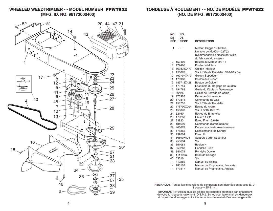 Poulan PPWT622, 96172000400 manual RÉF. Pièce Description 