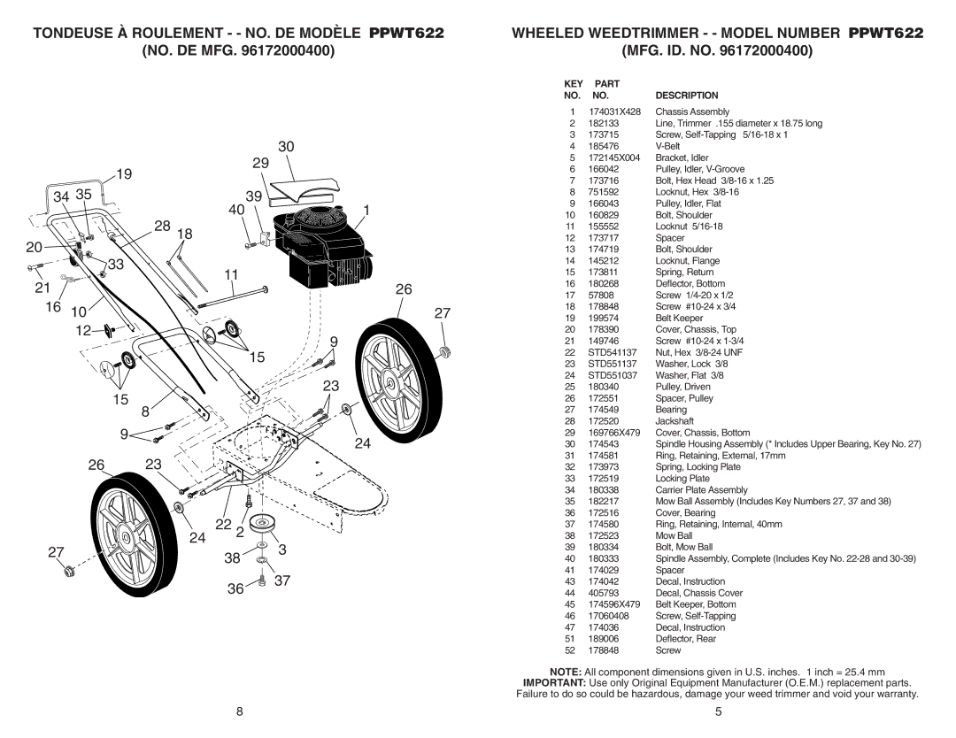 Poulan 96172000400, PPWT622 manual NO. DE MFG MFG. ID. no 