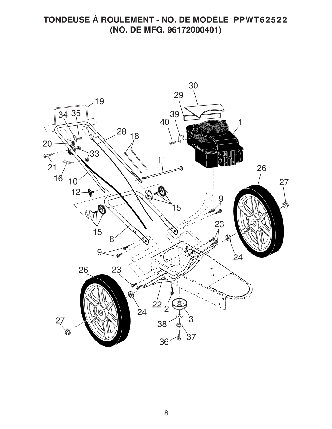 Poulan 96172000401 manual Tondeuse À Roulement NO. DE Modèle PPWT62522 