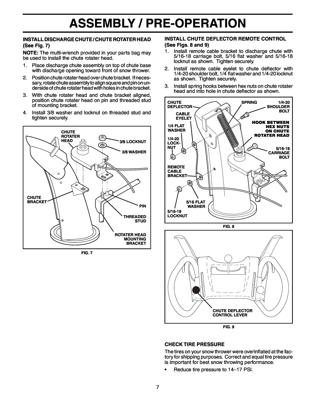 Poulan PR10527ESA Assembly / Pre-Operation, INSTALL DISCHARGE CHUTE / CHUTE ROTATER HEAD See Fig, Check Tire Pressure 