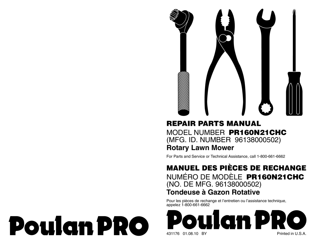 Poulan PR160N21CHC manual Rotary Lawn Mower, Tondeuse à Gazon Rotative 