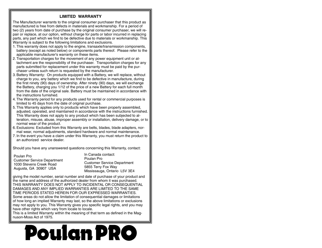 Poulan PR160Y21RPC warranty Limited Warranty 