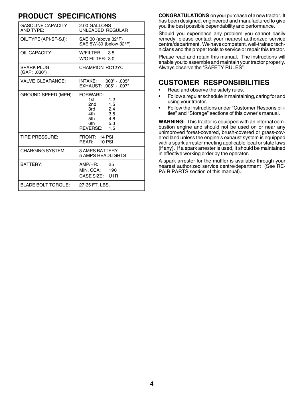 Poulan PR1742STB owner manual Product Specifications, Customer Responsibilities 