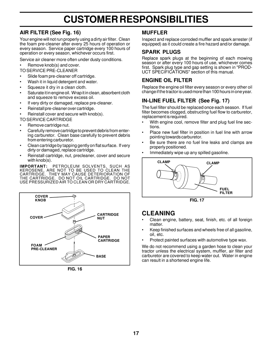 Poulan PR1742STC owner manual Cleaning, Muffler, Spark Plugs, Engine OIL Filter 