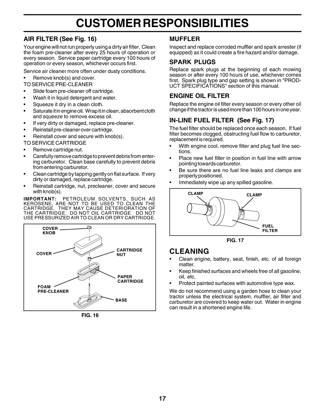 Poulan PR1742STD owner manual Cleaning, Muffler, Spark Plugs, Engine OIL Filter 