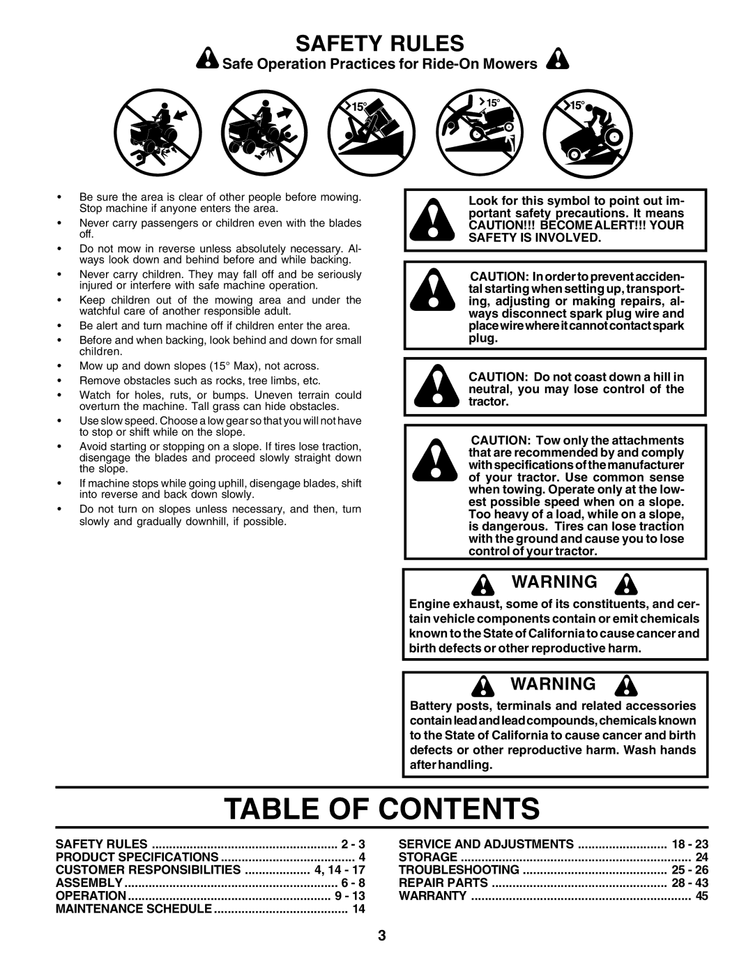 Poulan PR1742STD owner manual Table of Contents 