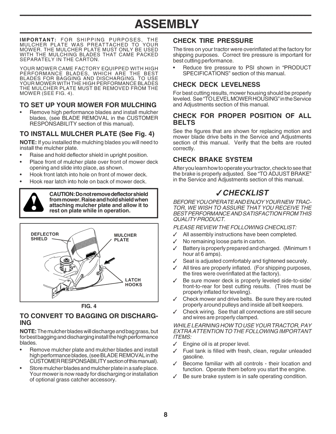 Poulan PR1742STE To SET UP Your Mower for Mulching, To Convert to Bagging or DISCHARG- ING, Check Tire Pressure 