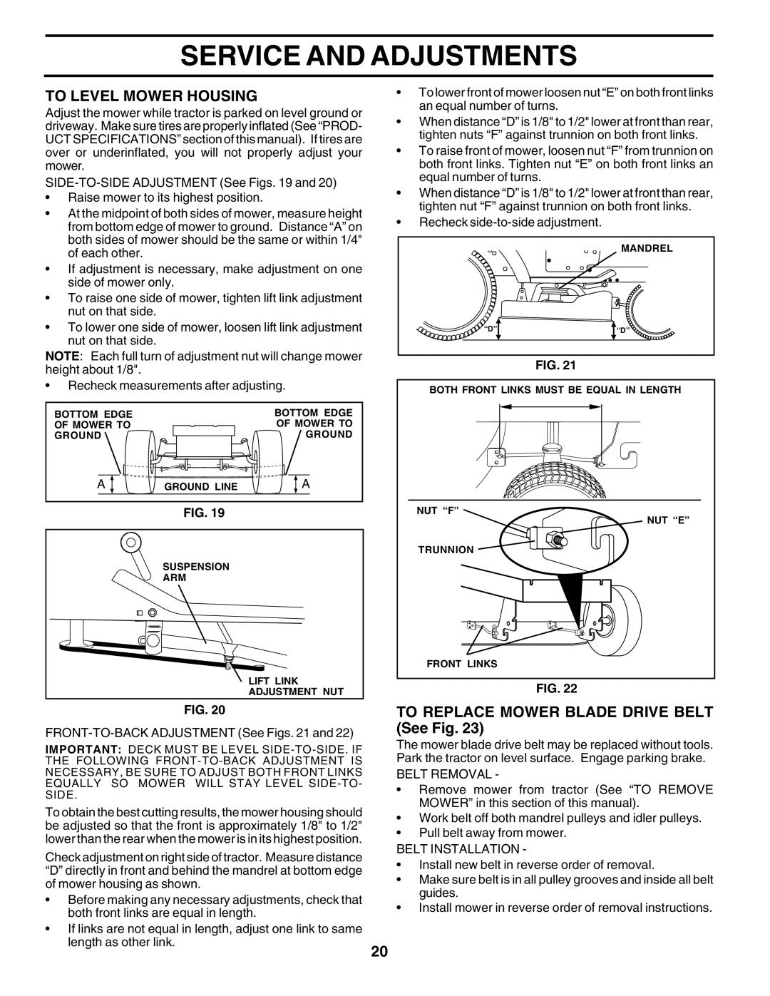 Poulan PR1742STF To Level Mower Housing, To Replace Mower Blade Drive Belt See Fig, Belt Removal, Belt Installation 