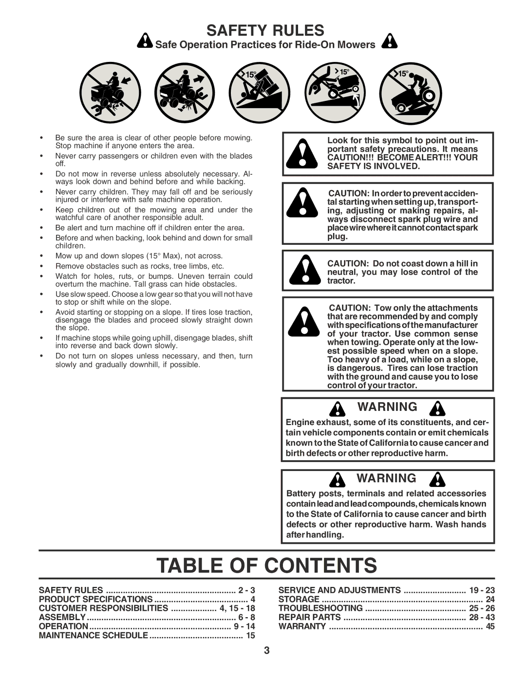 Poulan PR1742STF owner manual Table of Contents 