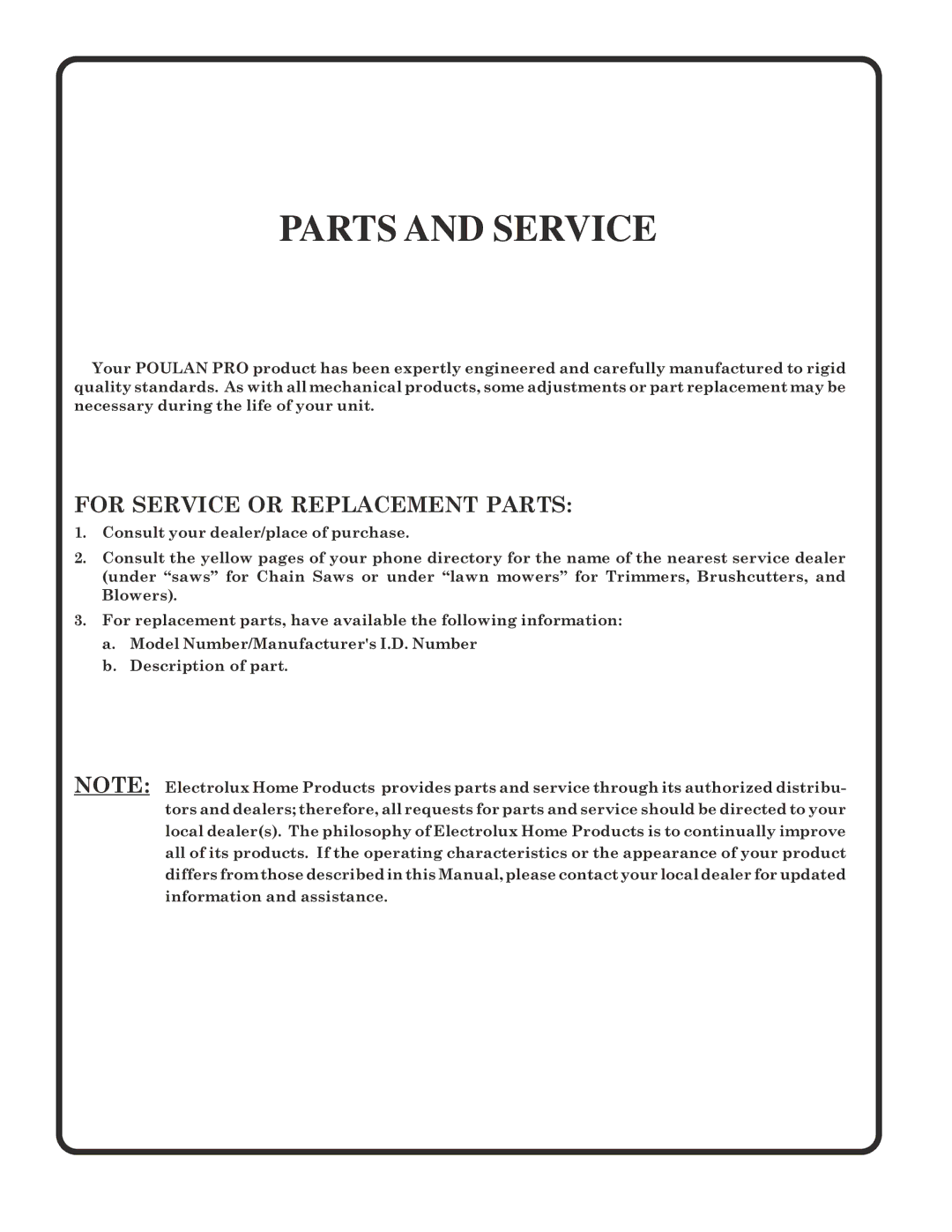 Poulan PR1742STF owner manual Parts and Service 