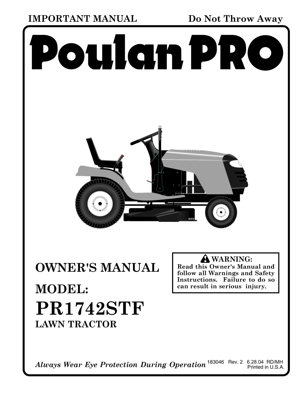 Poulan PR1742STF owner manual Important Manual, Do Not Throw Away, Lawn Tractor, 02478 