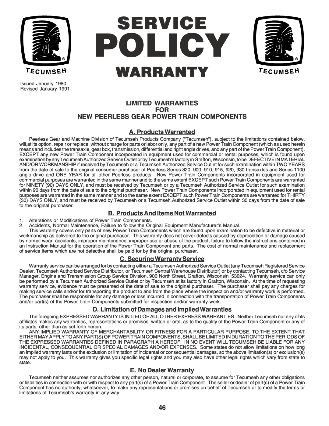 Poulan PR1742STF owner manual Limited Warranties For, New Peerless Gear Power Train Components, Policy, T E C U M Seh 