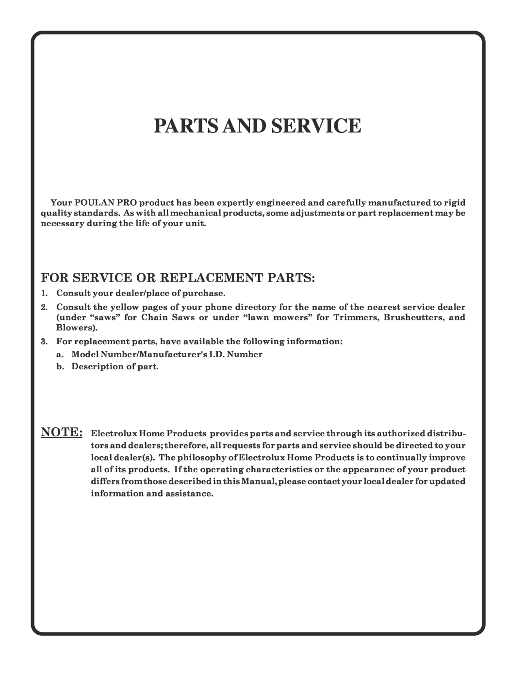 Poulan PR1742STF owner manual Parts And Service, For Service Or Replacement Parts 