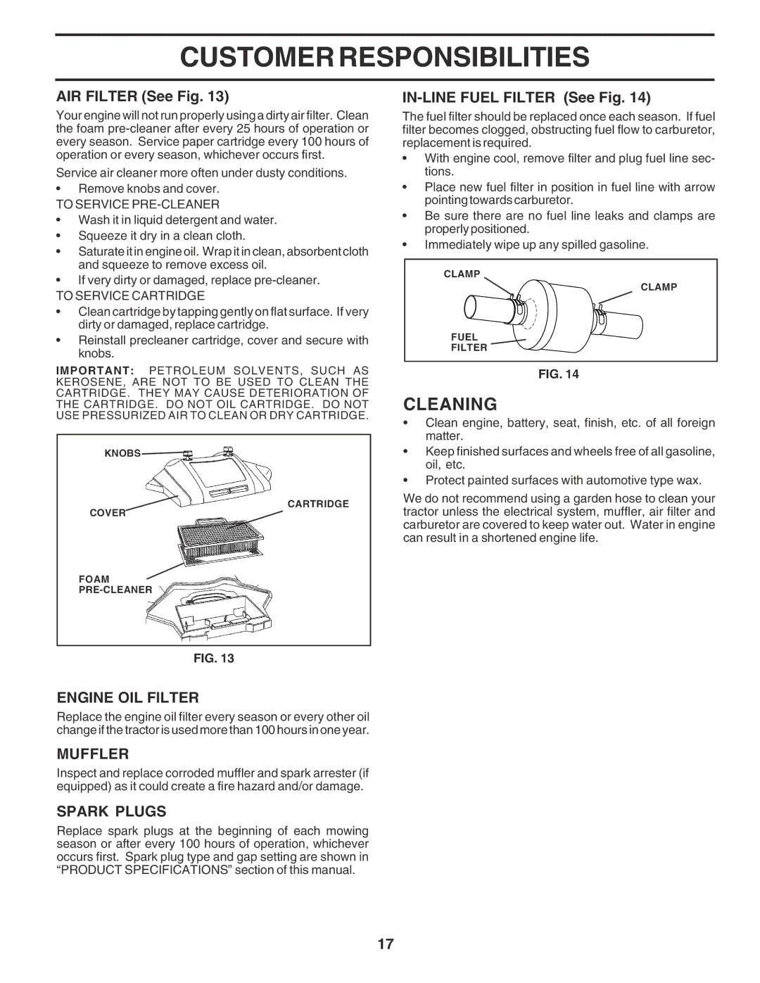 Poulan PR17542STA owner manual Cleaning, Engine OIL Filter, Muffler, Spark Plugs 