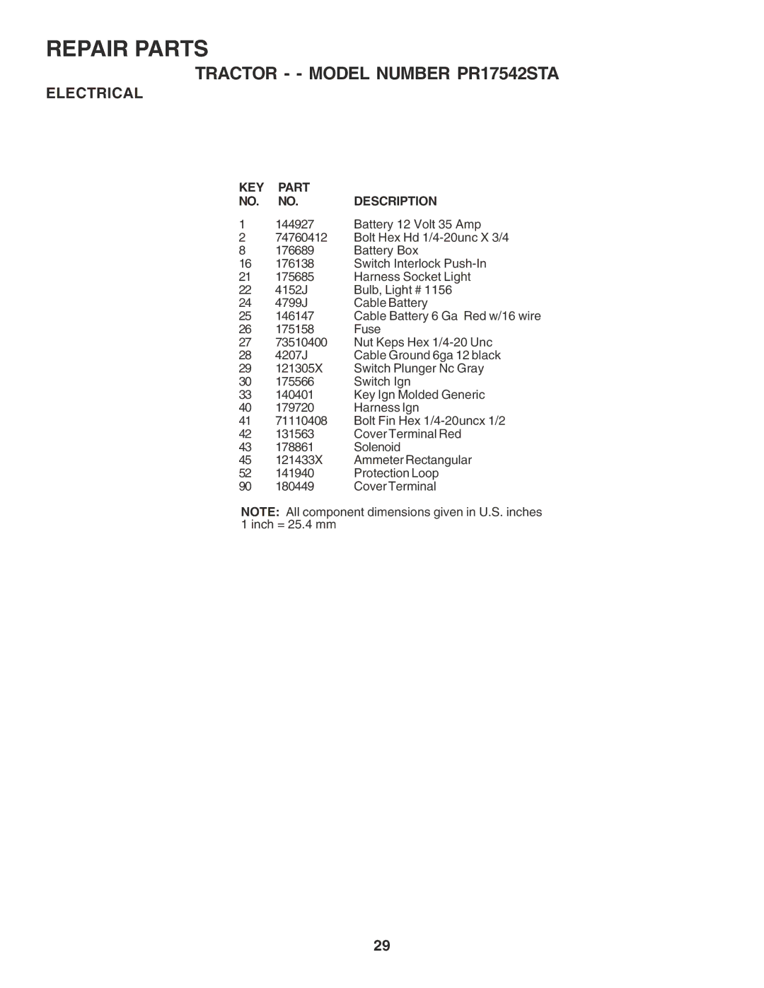 Poulan PR17542STA owner manual KEY Part NO. NO. Description 