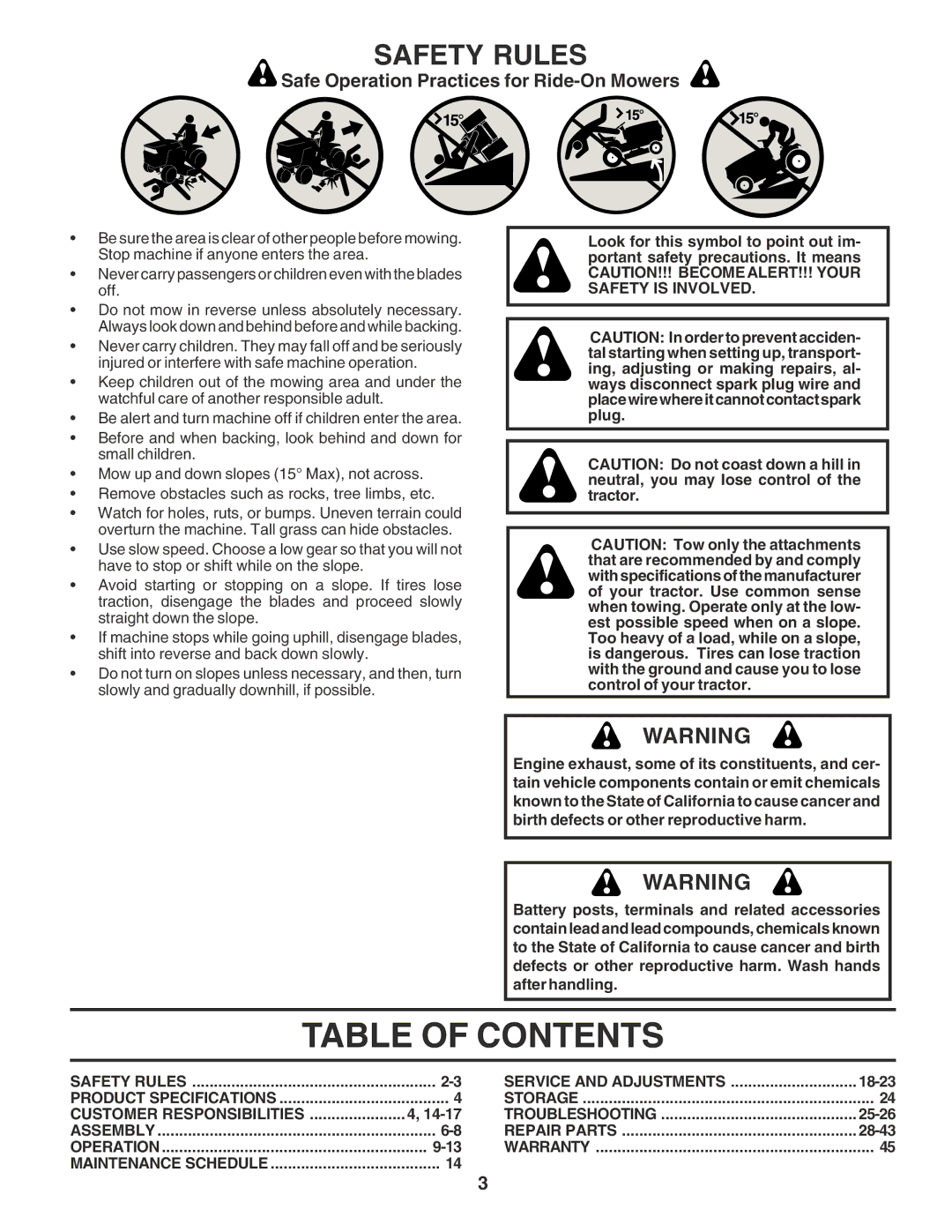 Poulan PR17542STA owner manual Table of Contents 