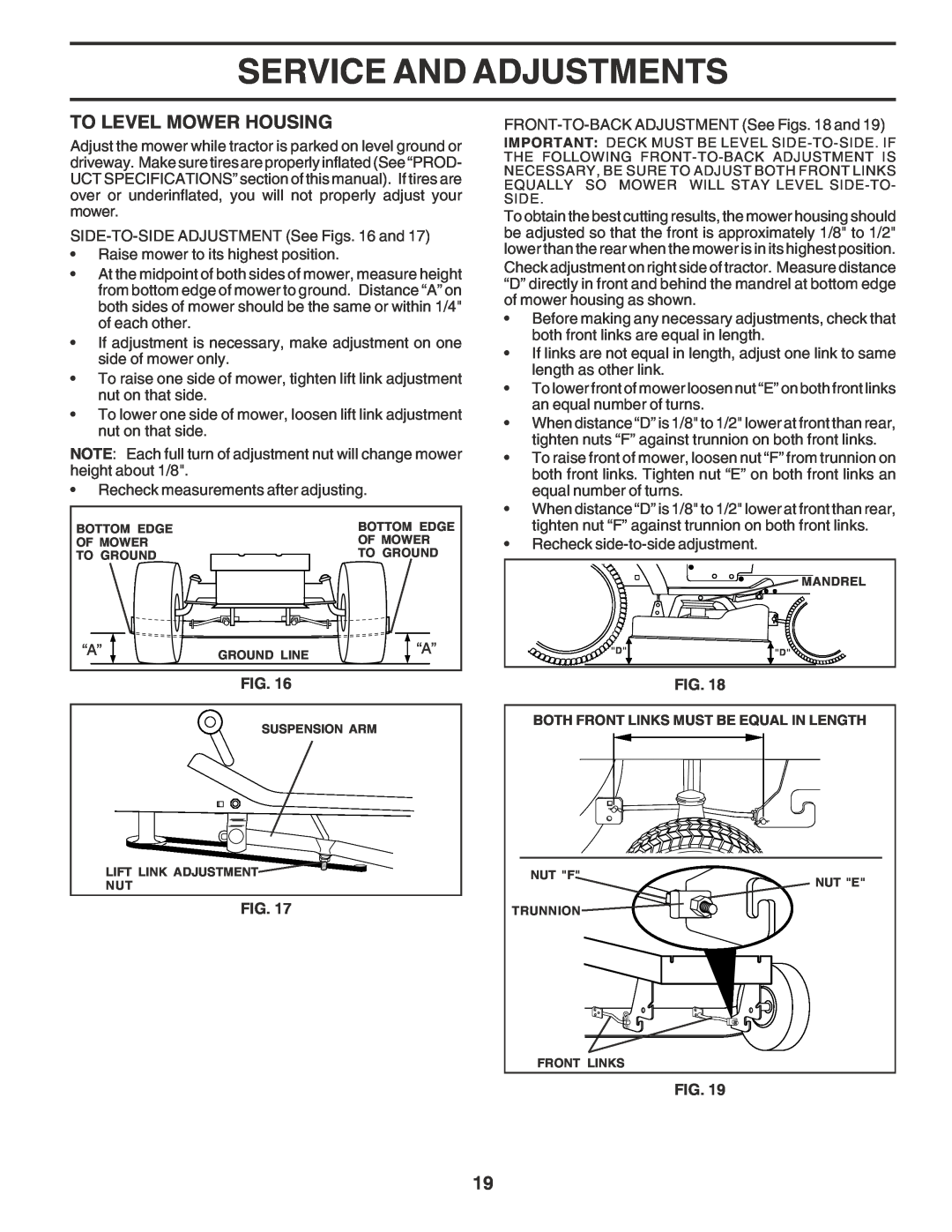 Poulan PR17542STA owner manual To Level Mower Housing, Service And Adjustments, Fig 