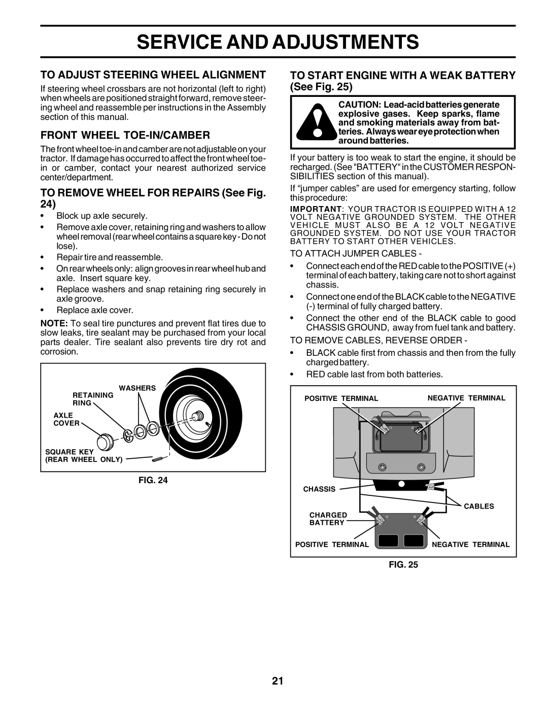 Poulan PR17542STA To Adjust Steering Wheel Alignment, Front Wheel Toe-In/Camber, TO REMOVE WHEEL FOR REPAIRS See Fig 