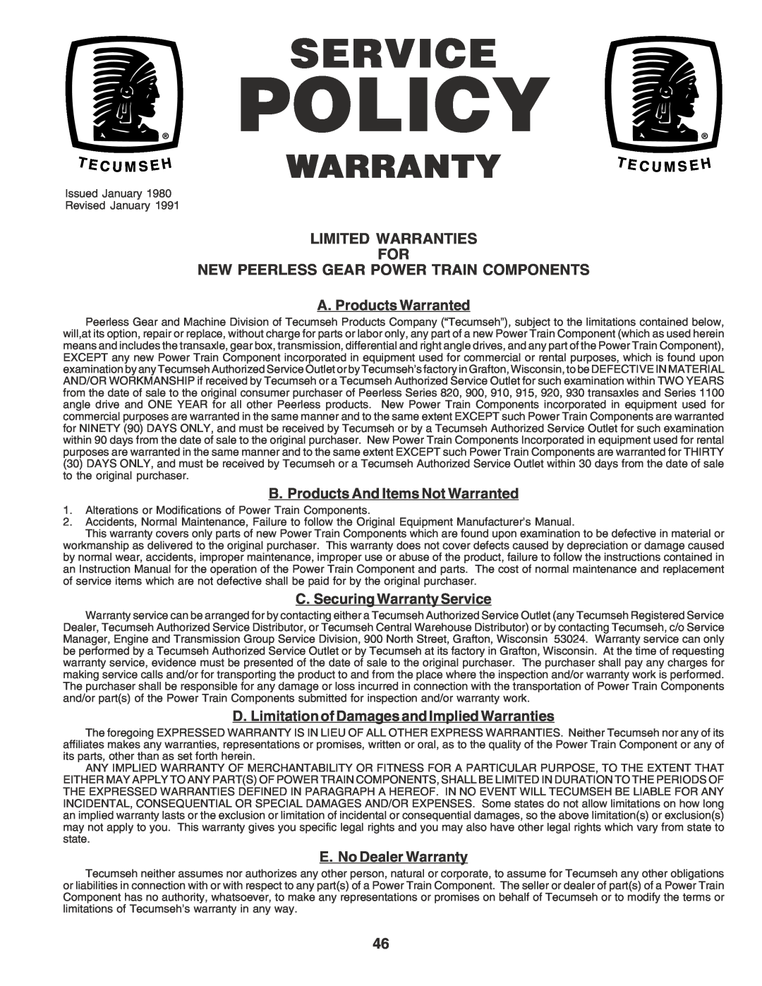 Poulan PR17542STA owner manual Limited Warranties For, New Peerless Gear Power Train Components, Policy 
