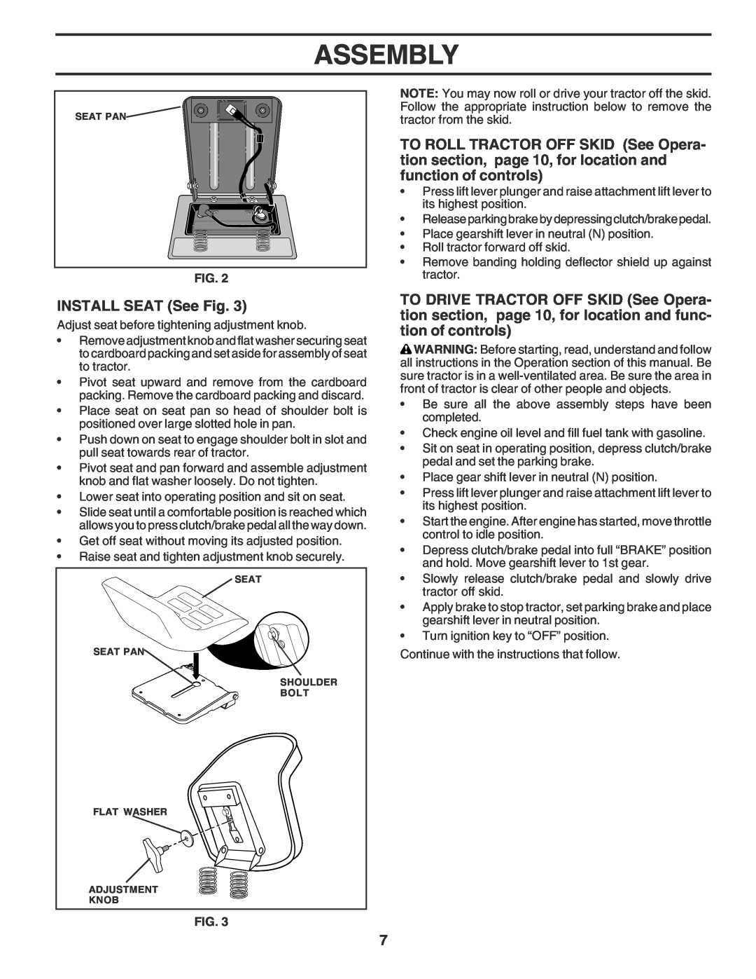 Poulan PR17542STA owner manual INSTALL SEAT See Fig, Assembly 