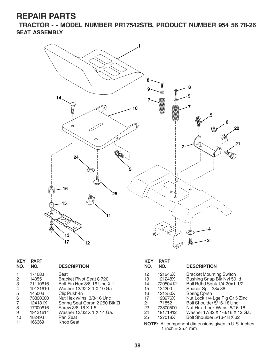 Poulan PR17542STB owner manual Seat Assembly 