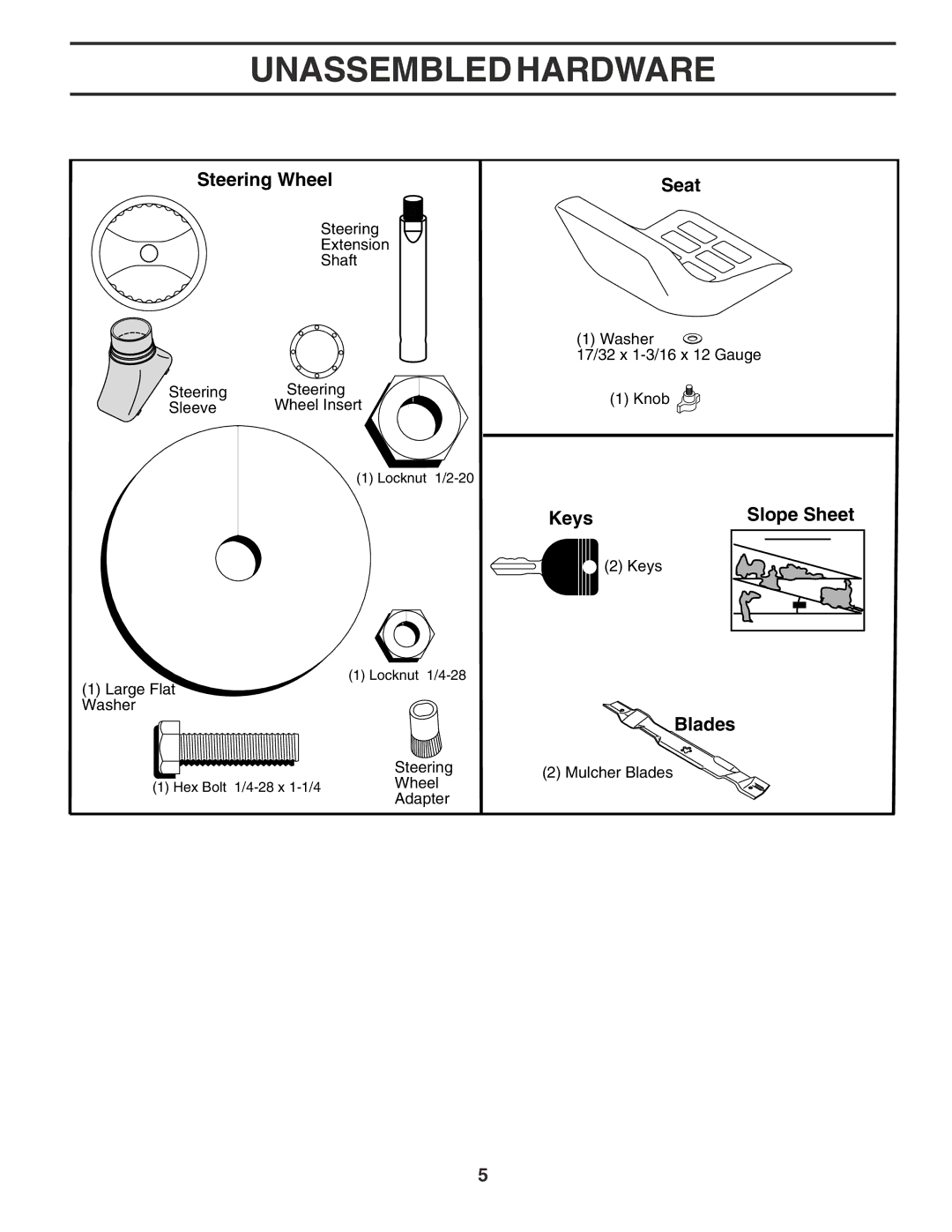 Poulan PR17542STB owner manual Unassembled Hardware, Steering Wheel, Seat, Keys Slope Sheet, Blades 