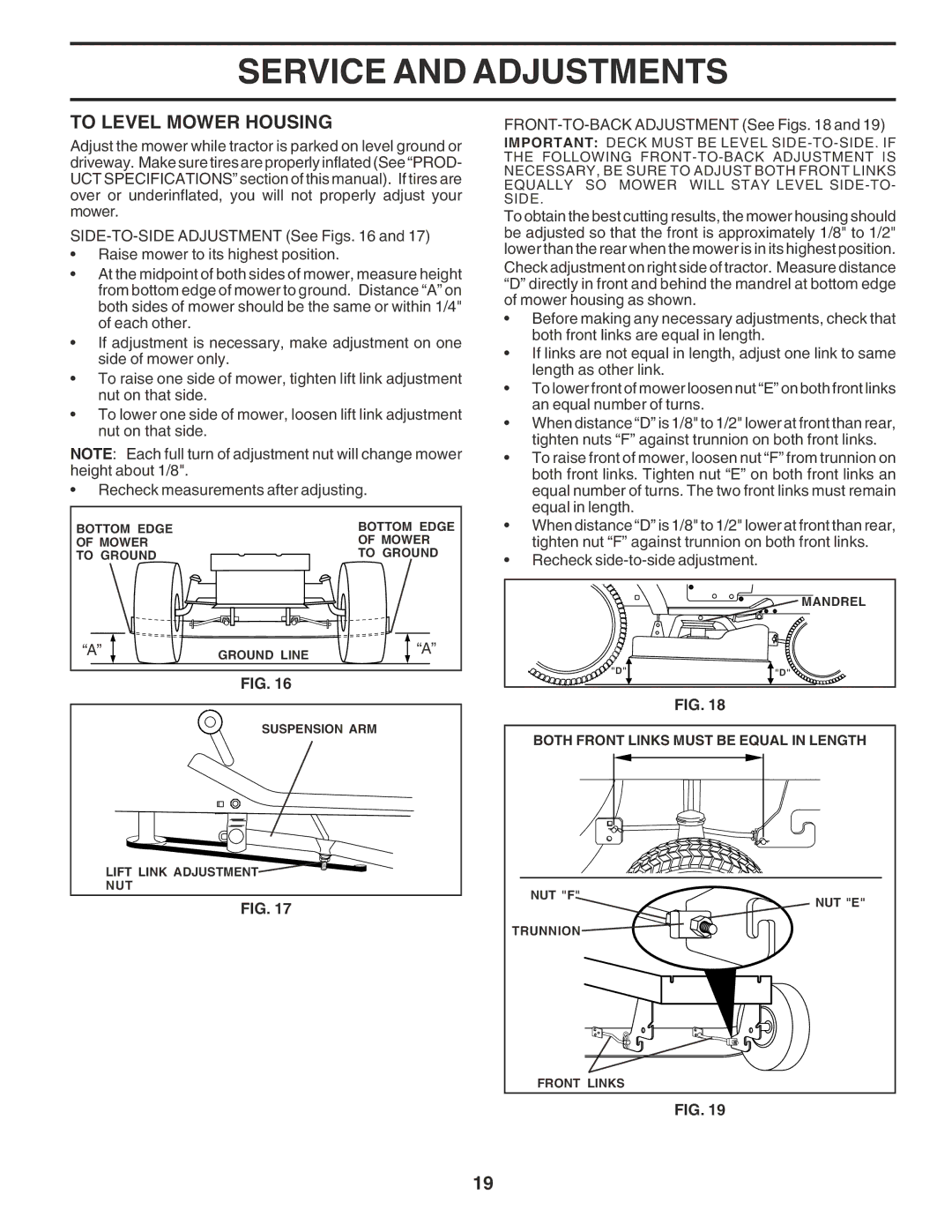 Poulan PR17542STC owner manual To Level Mower Housing, FRONT-TO-BACK Adjustment See Figs 