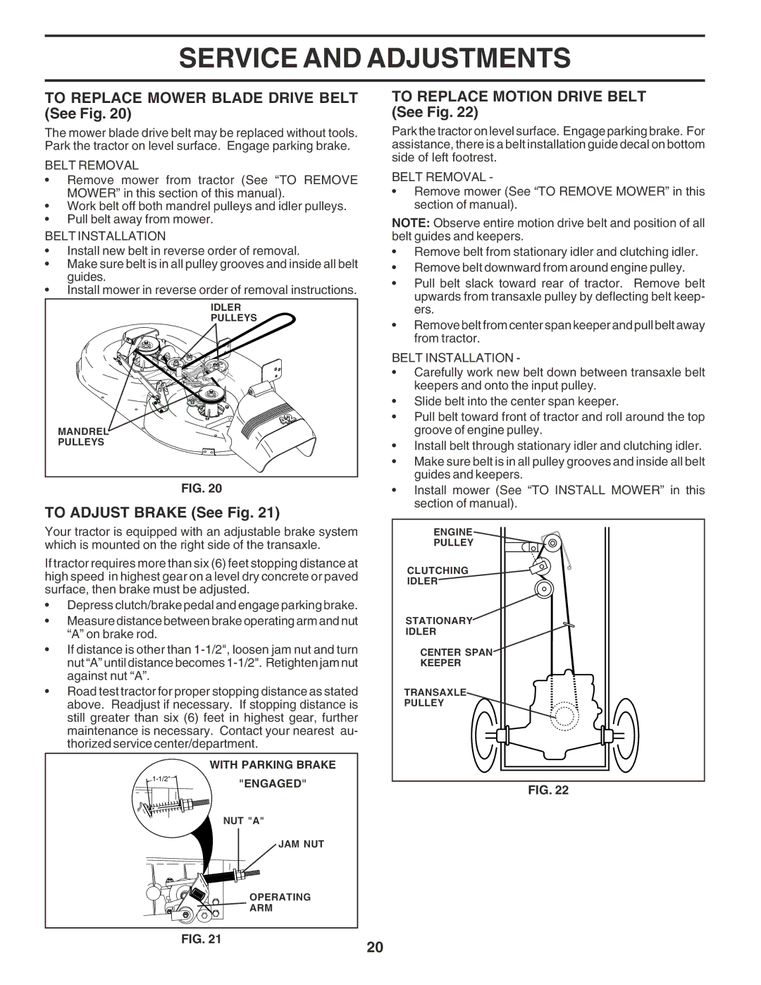 Poulan PR17542STC To Replace Mower Blade Drive Belt See Fig, To Replace Motion Drive Belt See Fig, To Adjust Brake See Fig 